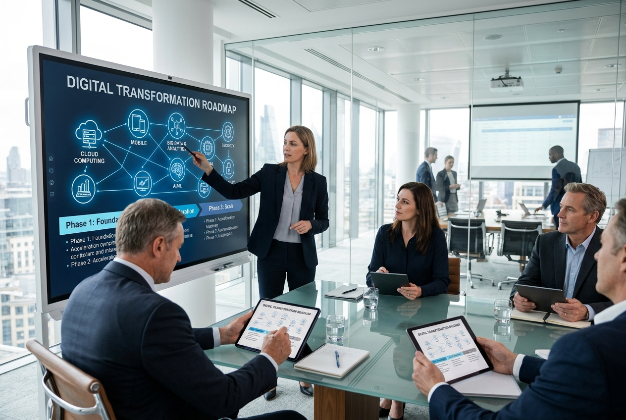 Digital transformation strategy consultant presenting roadmap to executives in boardroom